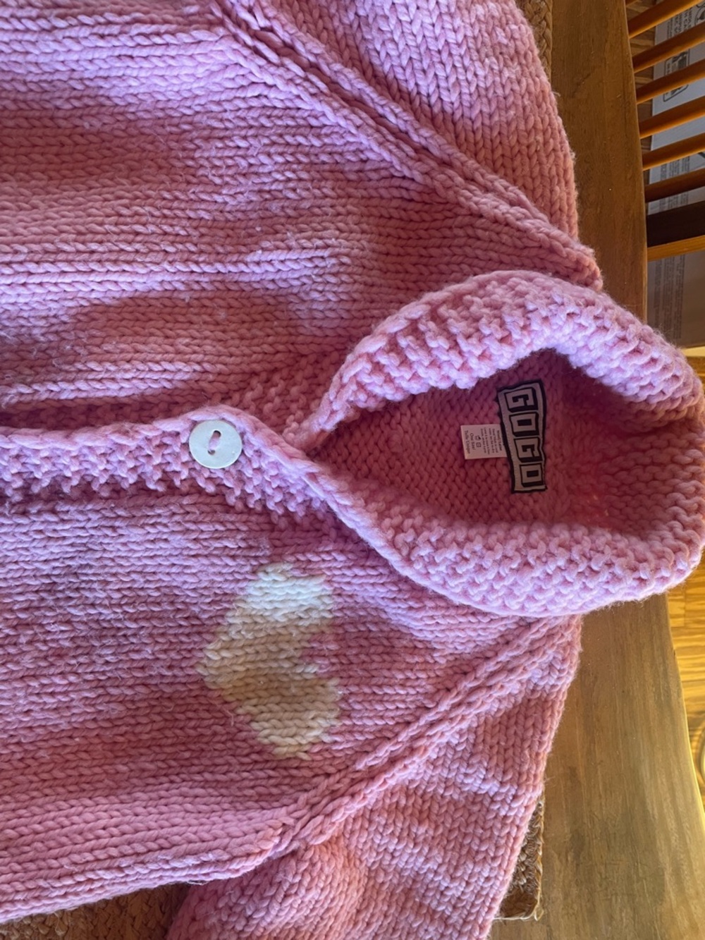 GOGO Pink Shawl Collar Chunky Knit Cardigan with Cream Heart Accent